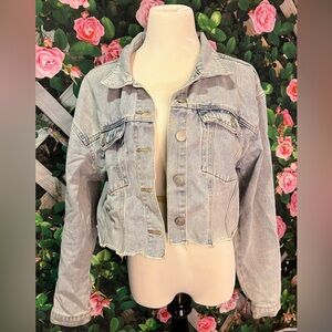 Rue 21 Rhinestone Jean Jacket XL Juniors Distressed‎ Blue Denim Cropped